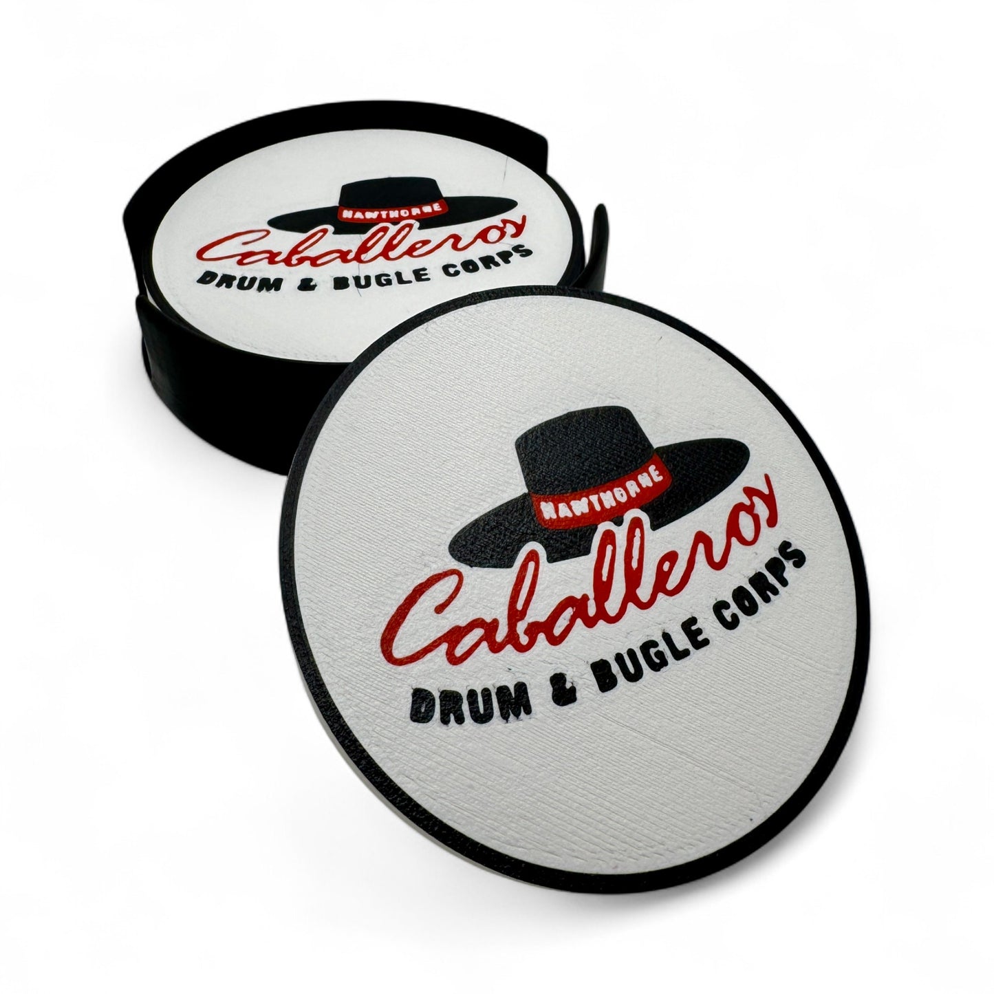 Hawthorne Caballeros Coaster Set with Holder โ Non-Slip, Food-Safe, Ideal for Drum Corps Fans!