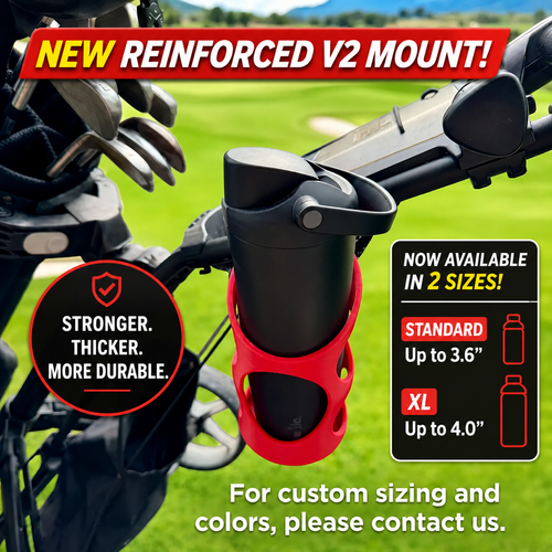 BottleLock reinforced V2 bottle holder installed on a golf push cart