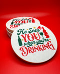 Funny Christmas Coasters with Holiday Drinking Quotes - Festive Drink Décor | Set of 4