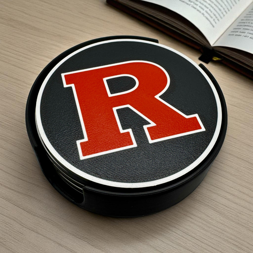 Red & Black "R" Coaster Set with Holder – Non-Slip, Food-Safe, Perfect for Scarlet Knights Fans!