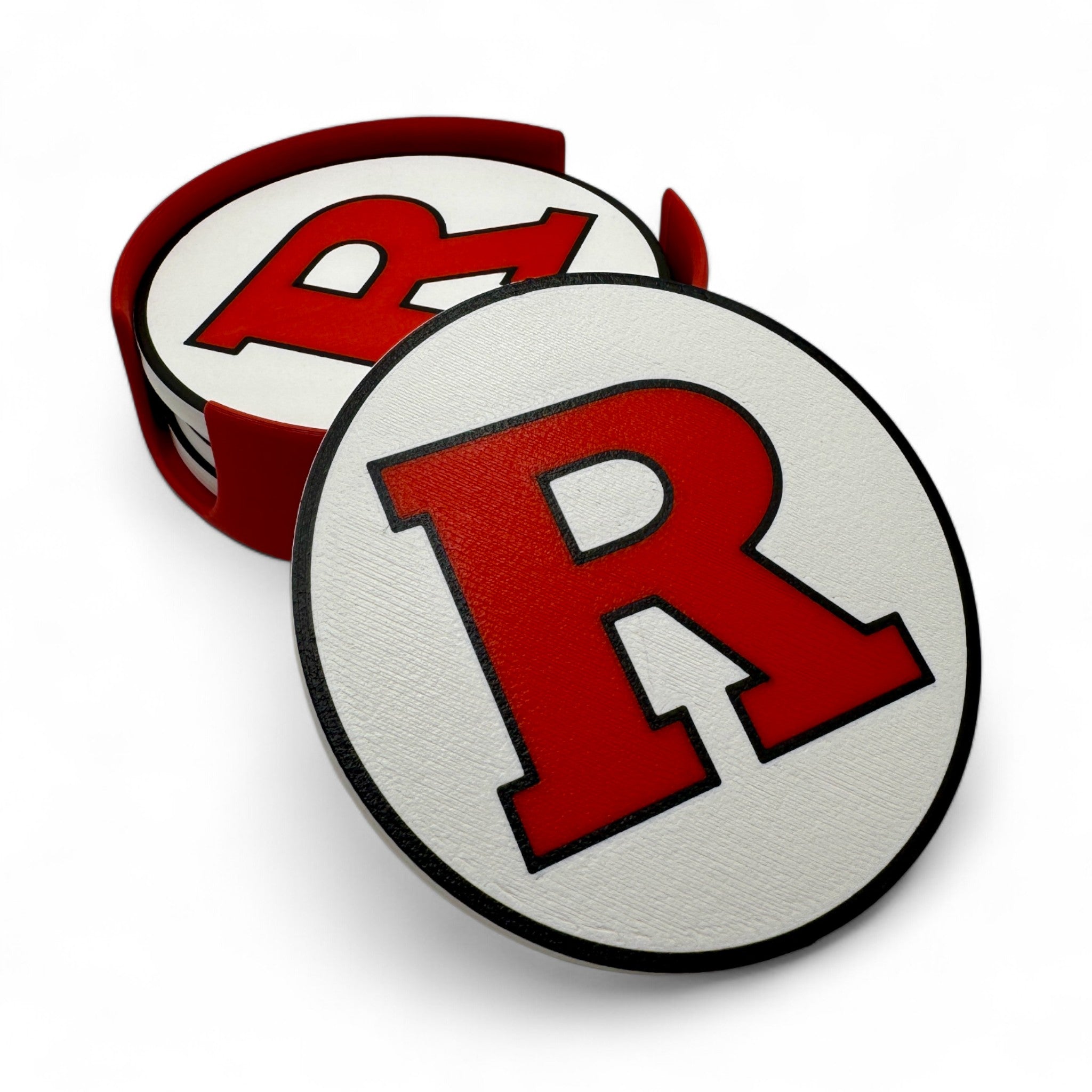 Red & Black "R" Coaster Set with Holder – Non-Slip, Food-Safe, Perfect for Scarlet Knights Fans!