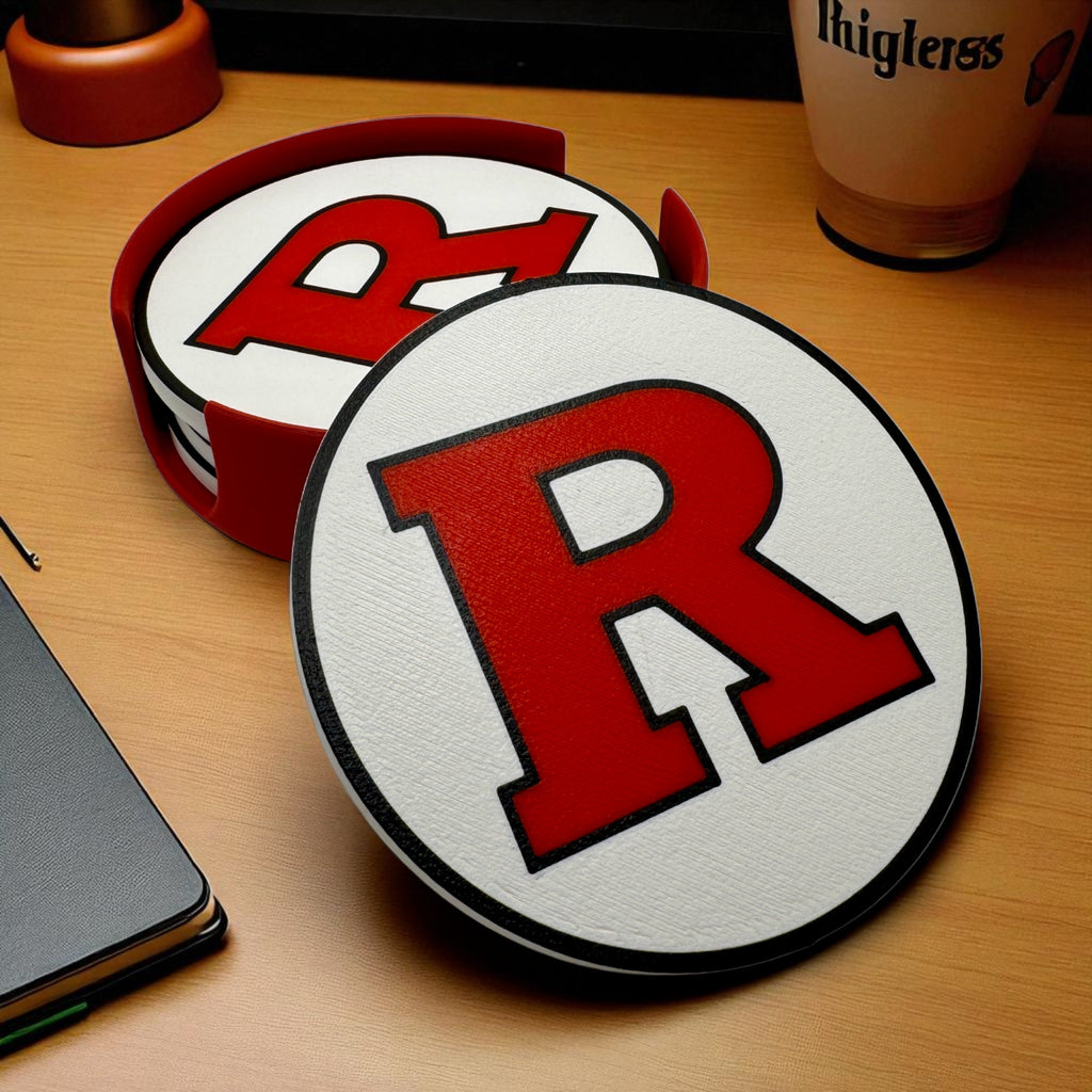 Red & Black "R" Coaster Set with Holder – Non-Slip, Food-Safe, Perfect for Scarlet Knights Fans!