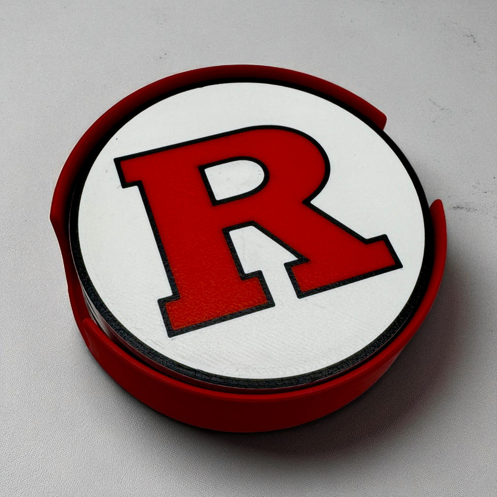 Red & Black "R" Coaster Set with Holder – Non-Slip, Food-Safe, Perfect for Scarlet Knights Fans!
