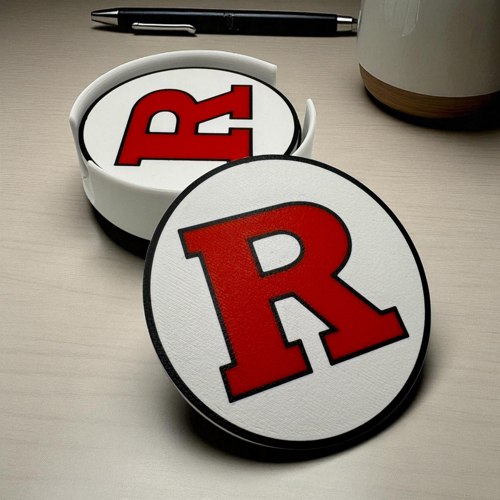 Red & Black "R" Coaster Set with Holder – Non-Slip, Food-Safe, Perfect for Scarlet Knights Fans!