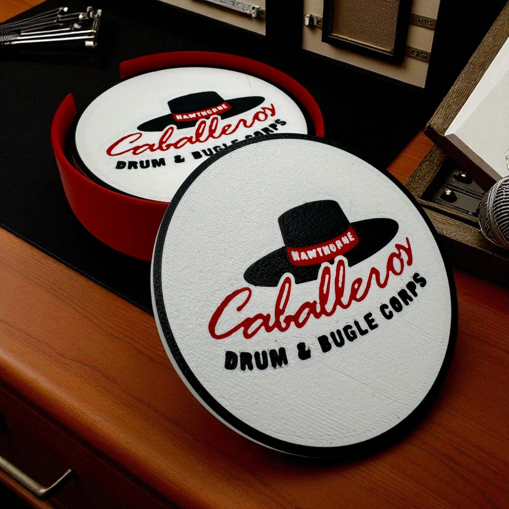 Hawthorne Caballeros Coaster Set with Holder – Non-Slip, Food-Safe, Ideal for Drum Corps Fans!