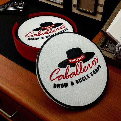 Hawthorne Caballeros Coaster Set with Holder – Non-Slip, Food-Safe, Ideal for Drum Corps Fans!