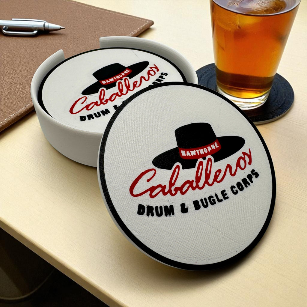 Hawthorne Caballeros Coaster Set with Holder – Non-Slip, Food-Safe, Ideal for Drum Corps Fans!