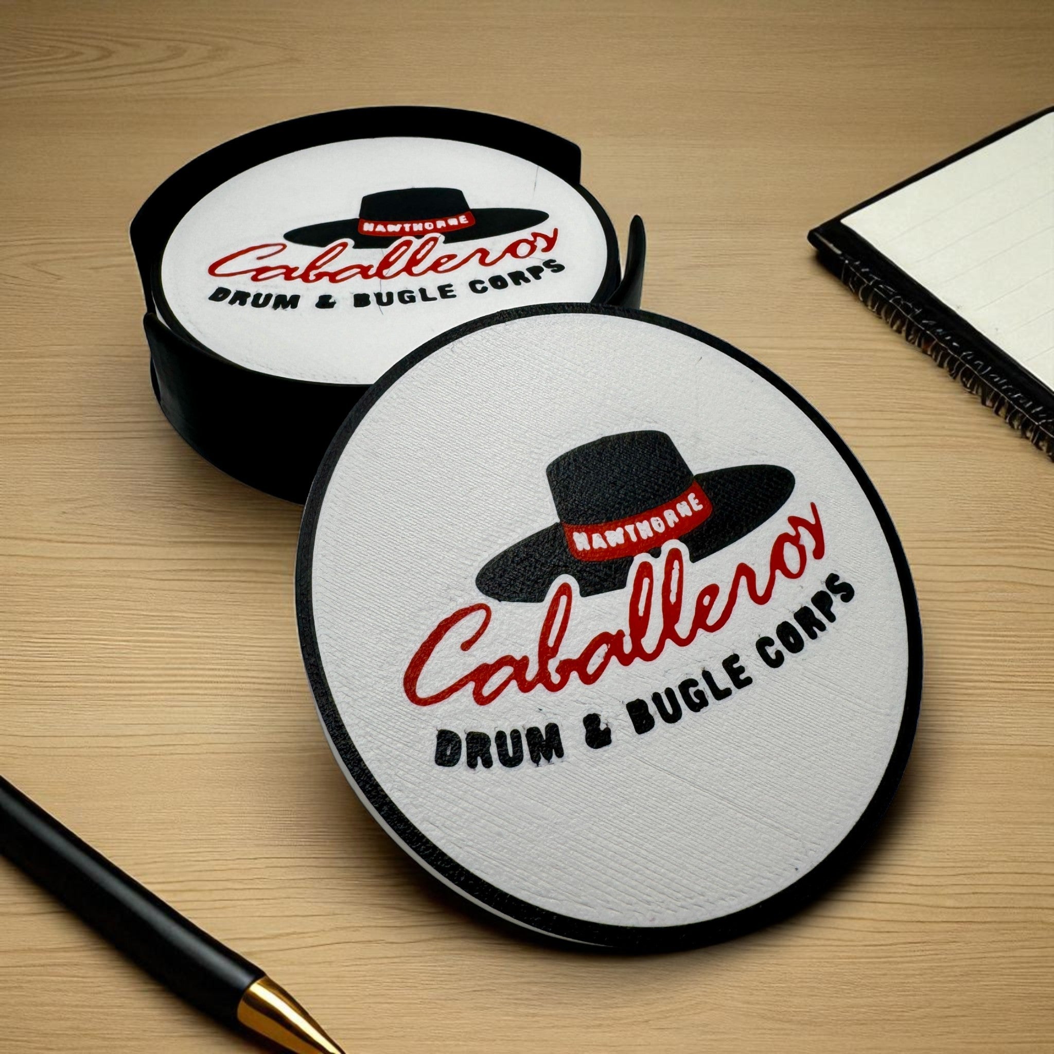Hawthorne Caballeros Coaster Set with Holder – Non-Slip, Food-Safe, Ideal for Drum Corps Fans!