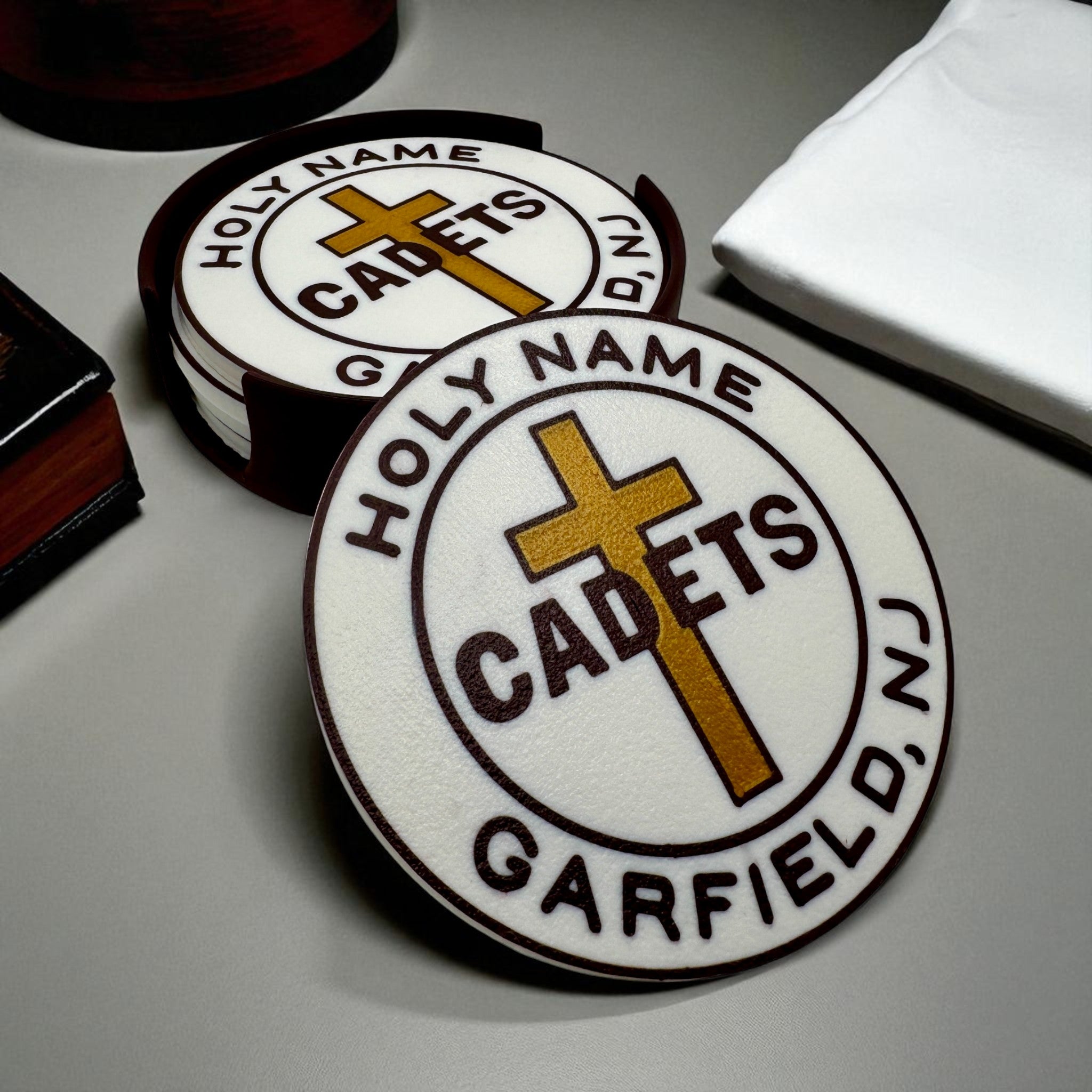 Holy Name Cadets Patch Coaster Set with Holder – Coasters for Drum Corps Fans