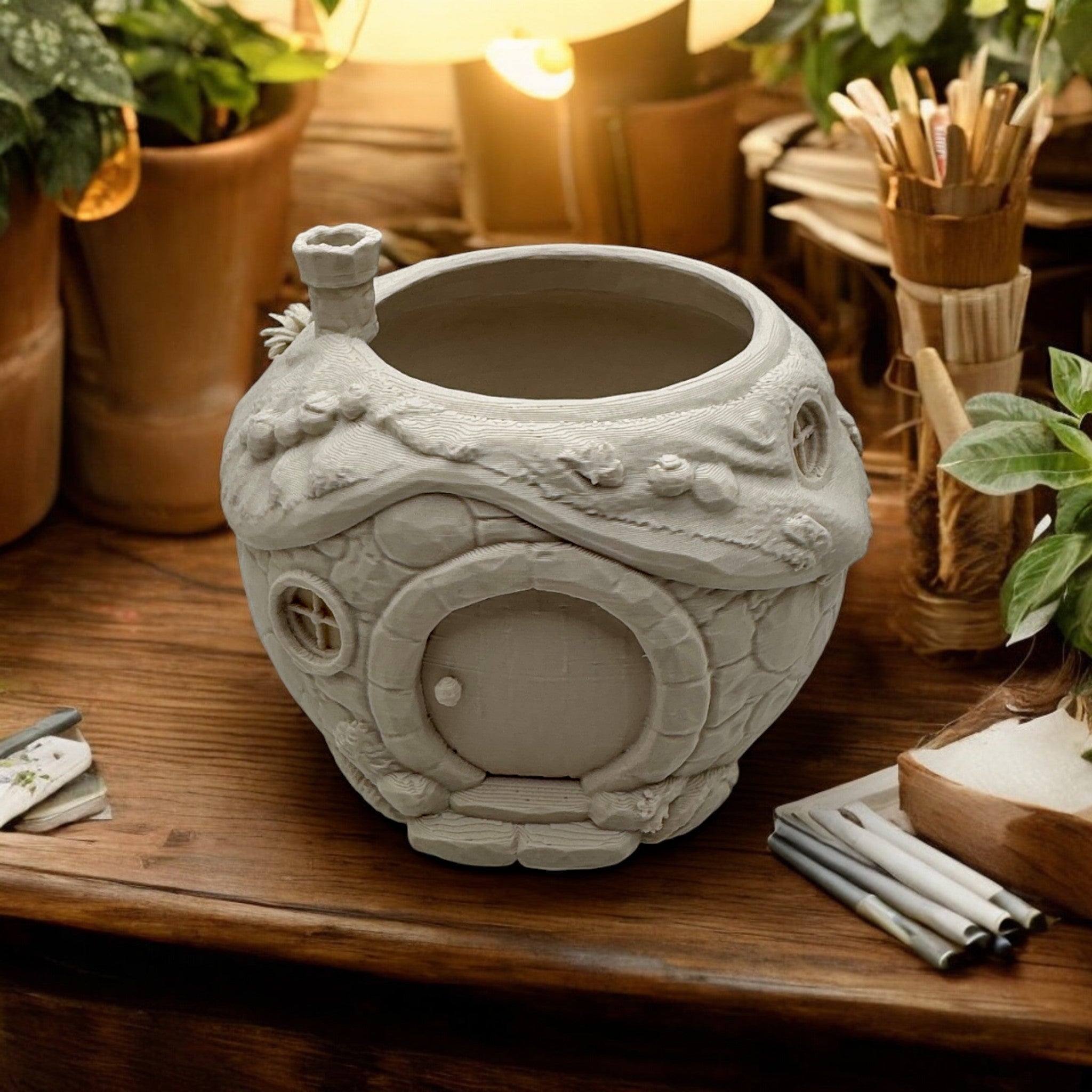 Cottagecore Desk Organizer – Round Door Fantasy Pencil Holder (Rustic Storybook Decor)
